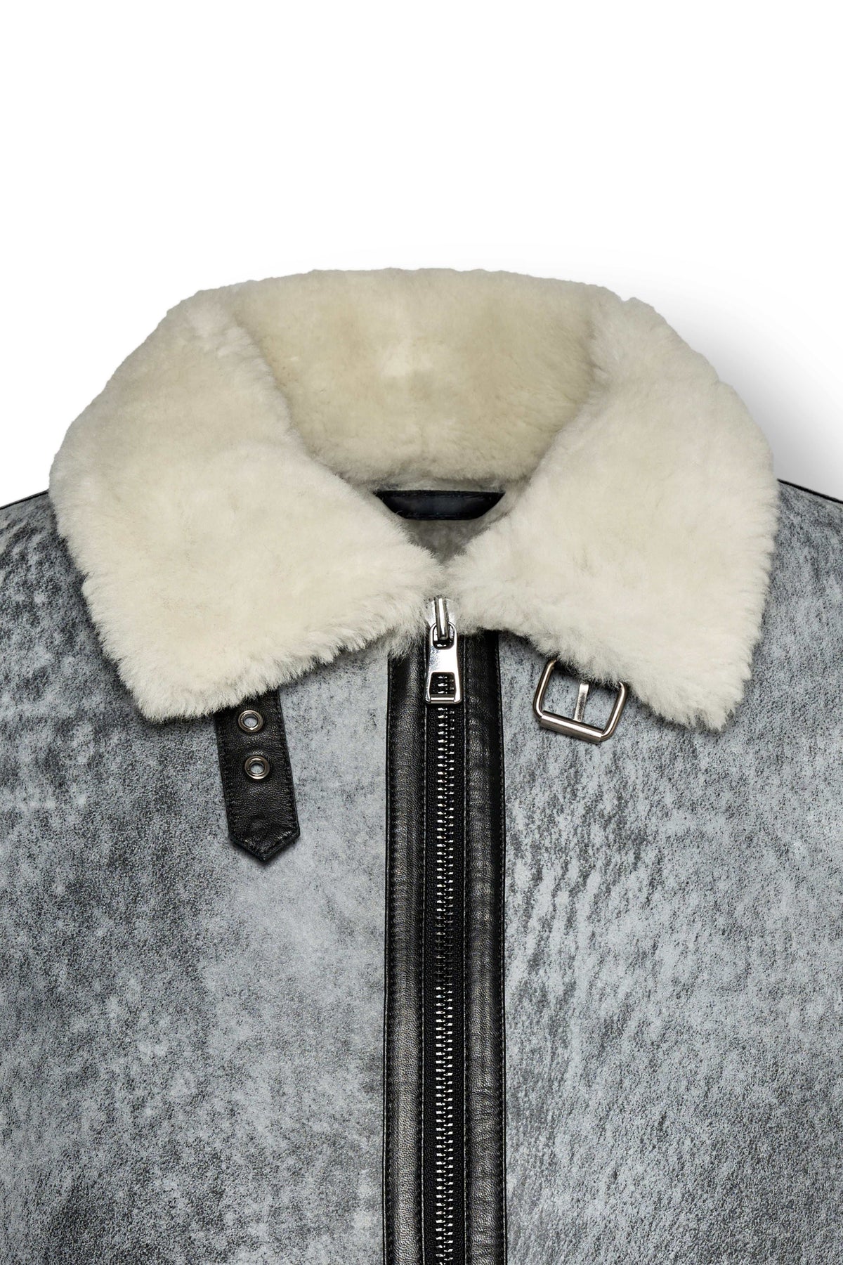 Glacier Grey Merino Shearling aviator jacket with vintage finish and shearling collar