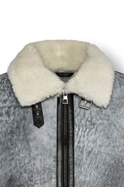 Glacier Grey Merino Shearling aviator jacket with vintage finish and shearling collar