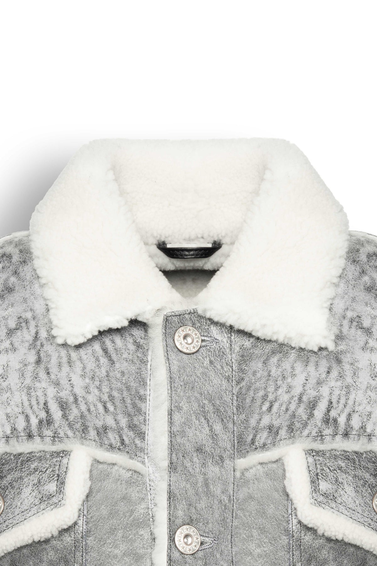 Men's grey shearling leather trucker jacket with white wool collar and premium natural shearling lining