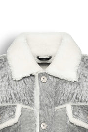 Men's grey shearling leather trucker jacket with white wool collar and premium natural shearling lining