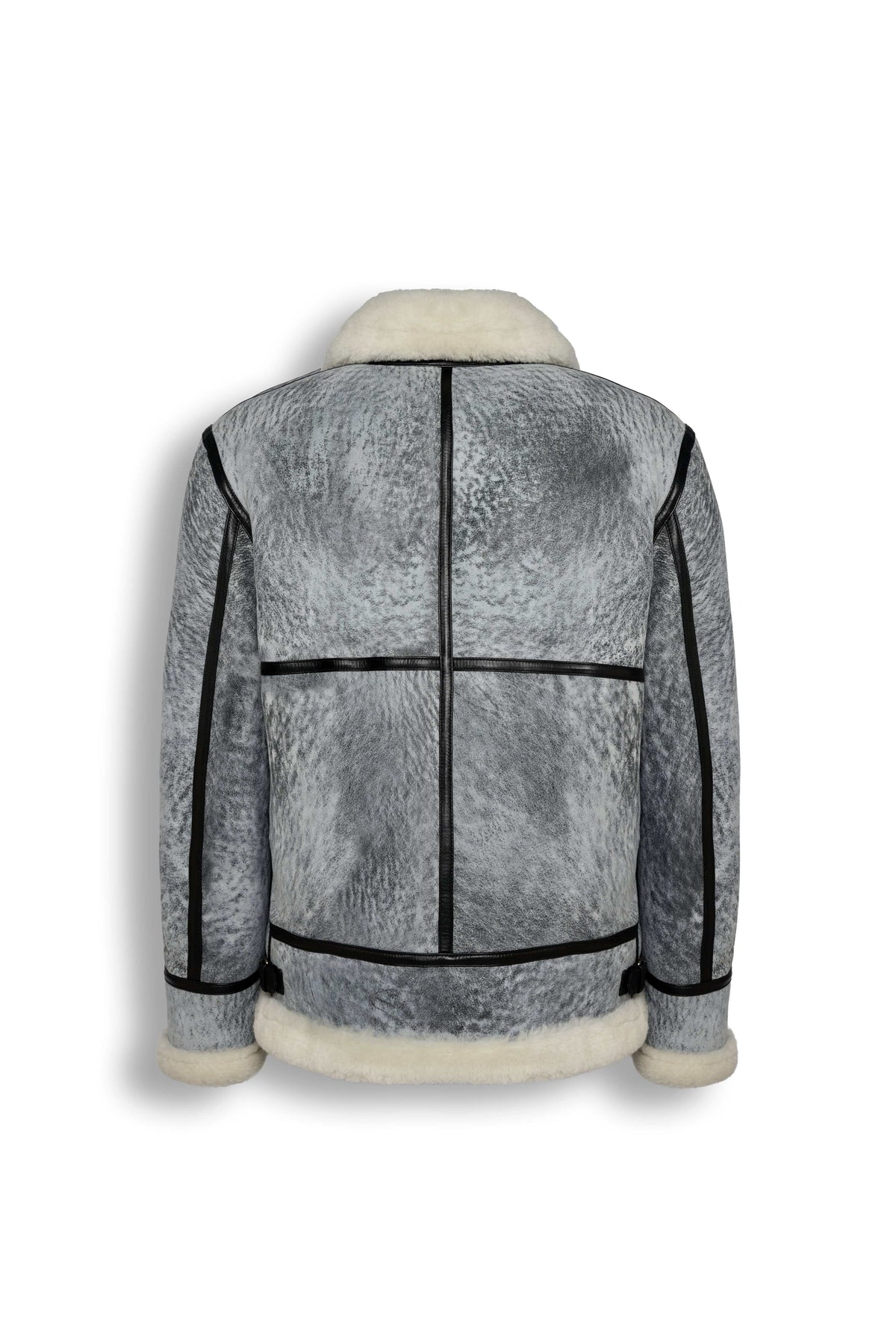 Glacier Grey Merino Shearling Aviator Jacket with shearling collar and black leather trims