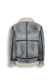 Glacier Grey Merino Shearling Aviator Jacket with shearling collar and black leather trims