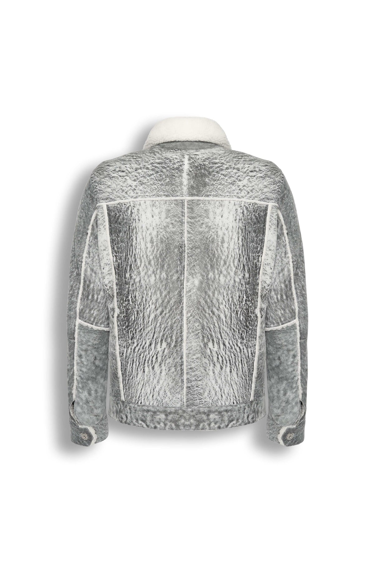 Men's grey shearling leather trucker jacket with white wool collar and genuine sheepskin lining