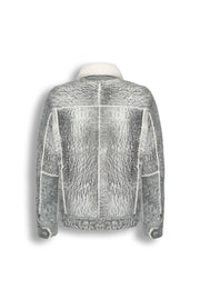 Men's grey shearling leather trucker jacket with white wool collar and genuine sheepskin lining