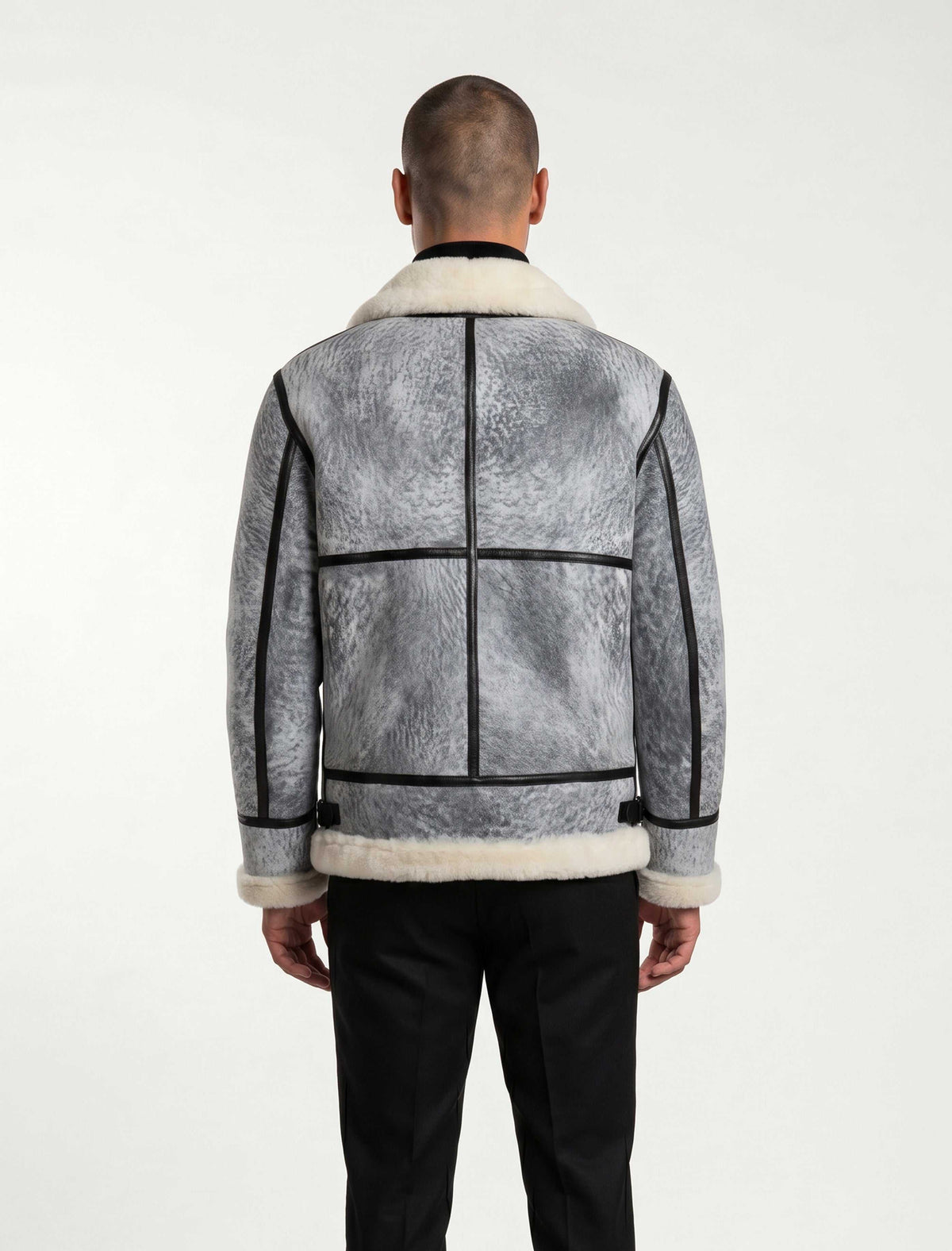 Glacier Grey Merino Shearling aviator jacket with shearling collar and black leather trims