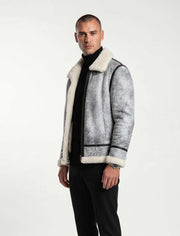 Glacier Grey Merino Shearling Aviator Jacket with wool interior and black leather trims