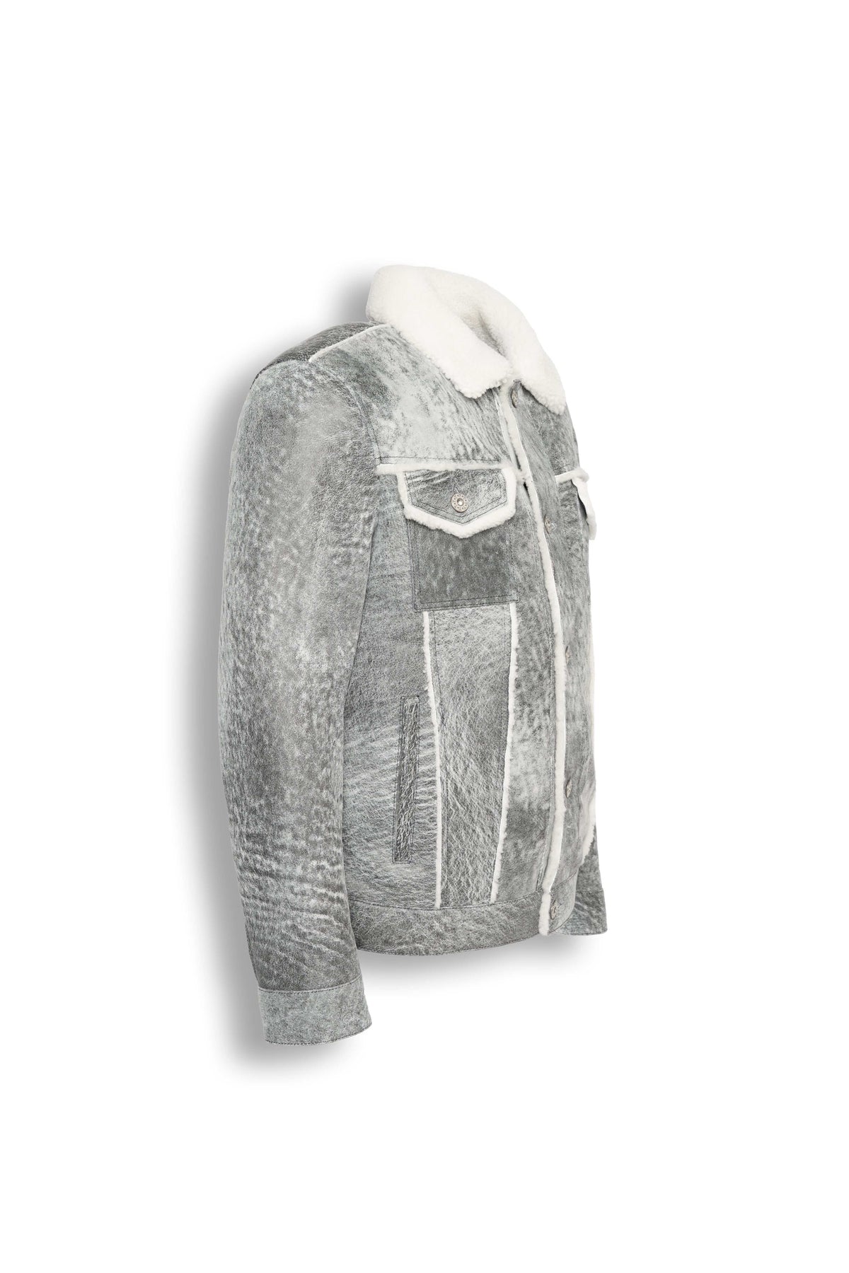Men's grey shearling leather trucker jacket with white wool collar on a mannequin