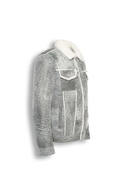 Men's grey shearling leather trucker jacket with white wool collar on a mannequin