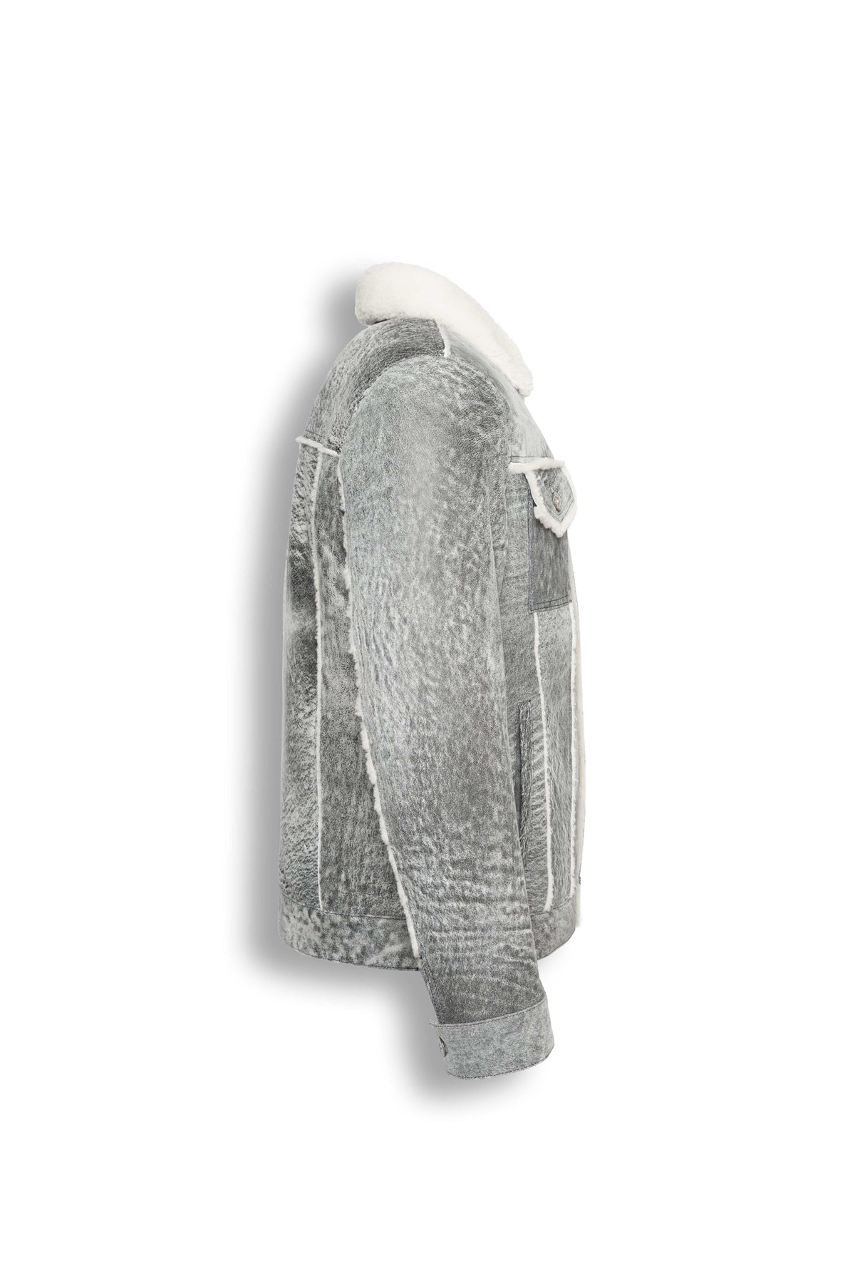 Men's Grey Shearling Leather Trucker Jacket with white wool collar on mannequin