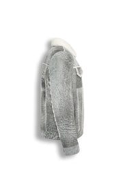 Men's Grey Shearling Leather Trucker Jacket with white wool collar on mannequin