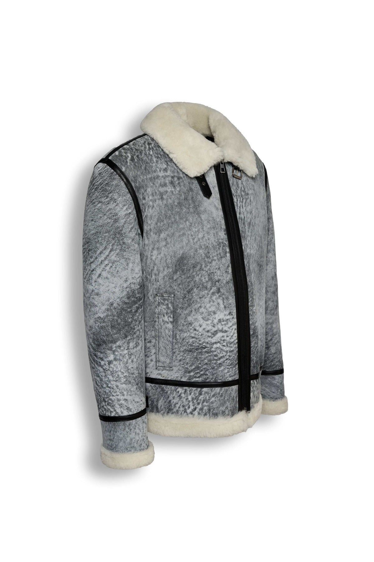 Glacier Grey Merino Shearling Aviator Jacket with grey vintage finish and shearling collar