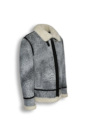 Glacier Grey Merino Shearling Aviator Jacket with grey vintage finish and shearling collar