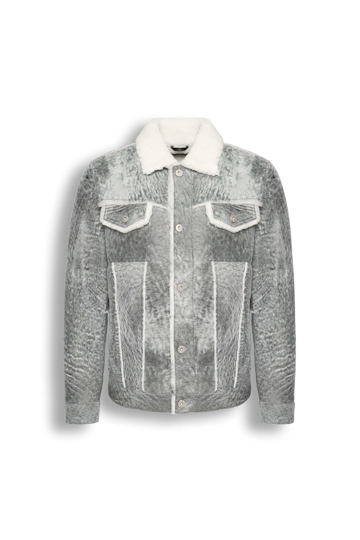Men's grey shearling leather trucker jacket with white wool collar and premium natural shearling lining
