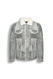 Men's grey shearling leather trucker jacket with white wool collar and premium natural shearling lining