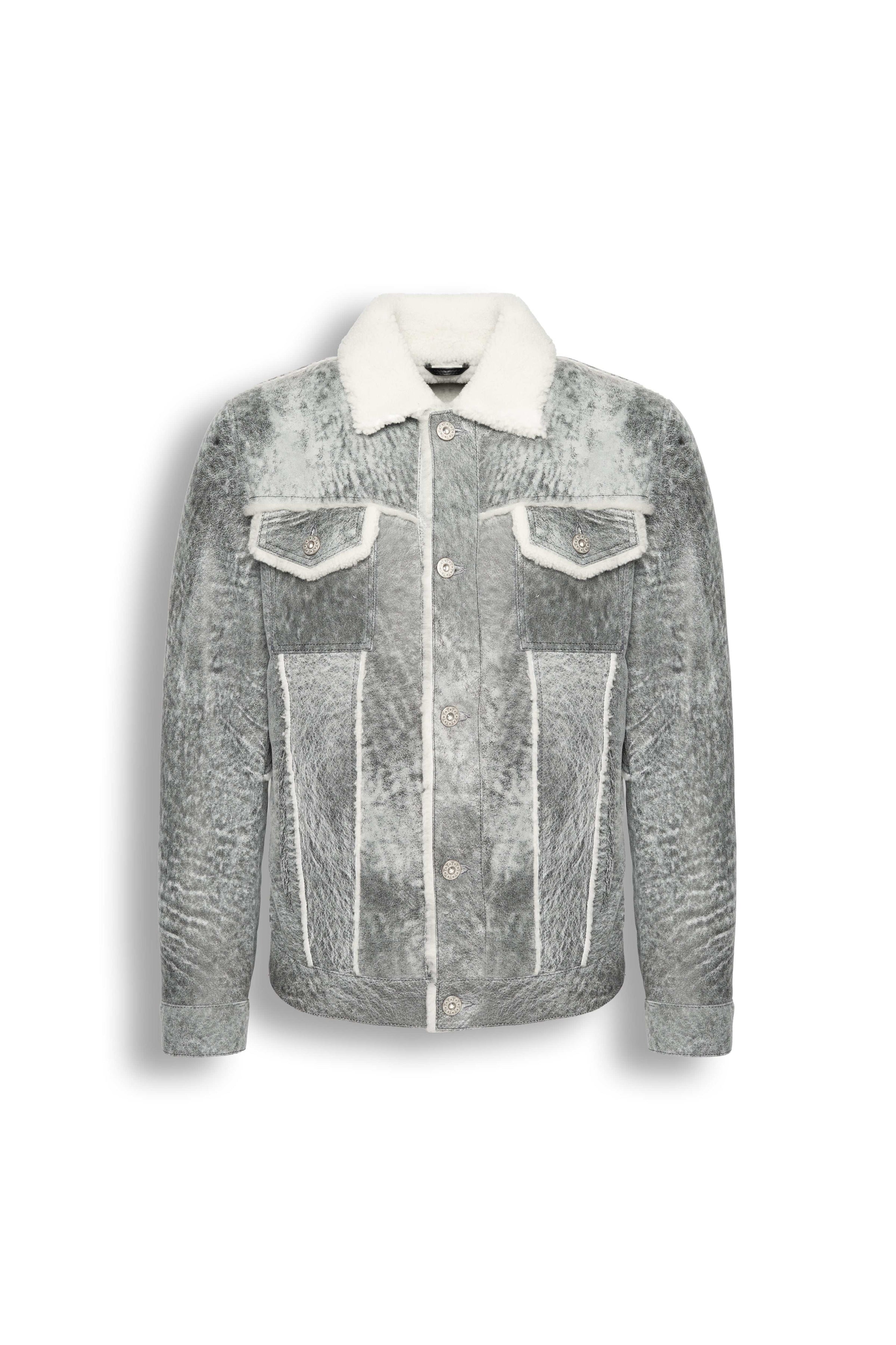 Men's grey shearling leather trucker jacket with white wool collar and premium natural shearling lining