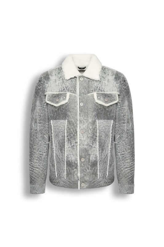 Men's grey shearling leather trucker jacket with white wool collar and premium natural shearling lining