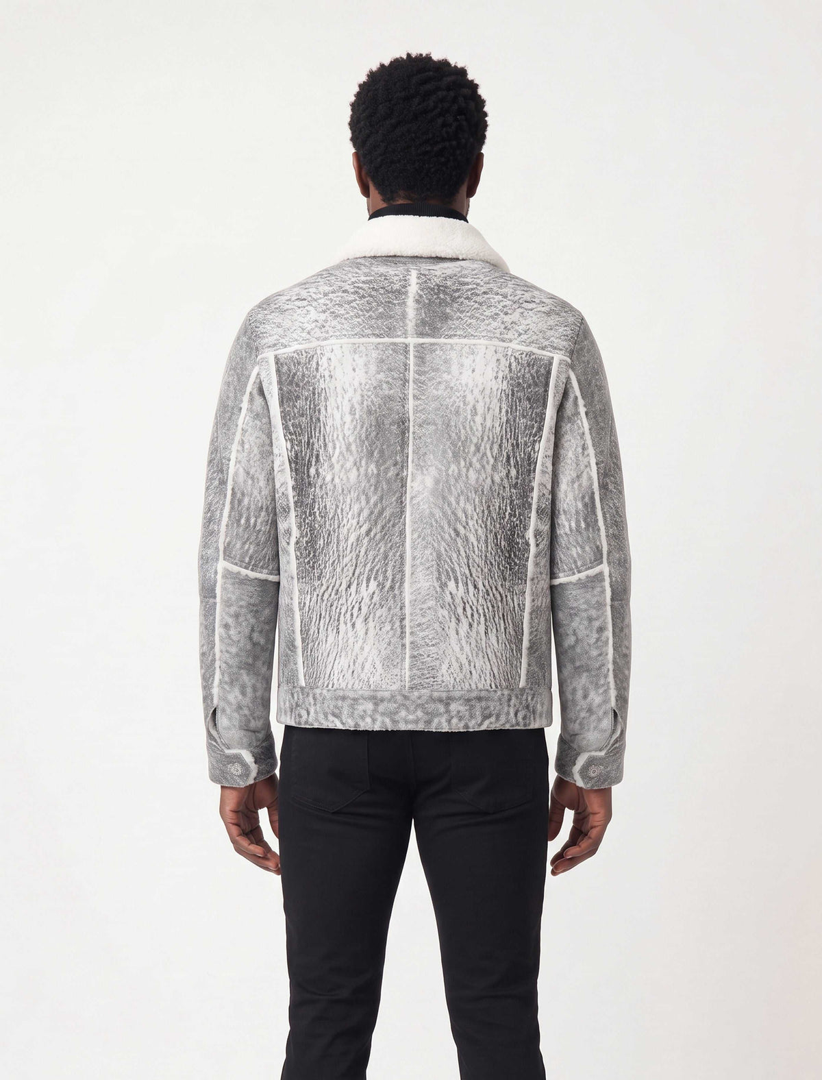 Men's Grey Shearling Leather Trucker Jacket with white wool collar and genuine sheepskin leather