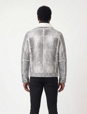 Men's Grey Shearling Leather Trucker Jacket with white wool collar and genuine sheepskin leather