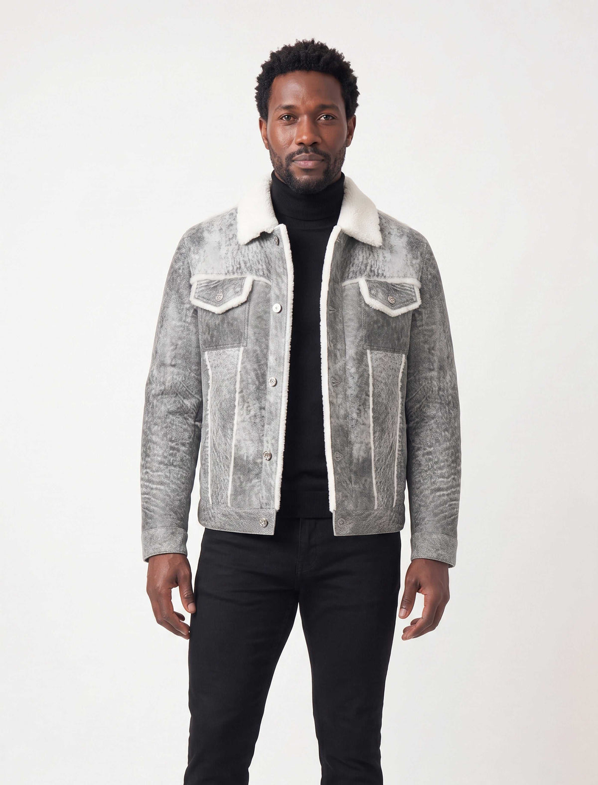 Men's grey shearling leather trucker jacket with white wool collar and premium natural shearling lining