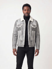 Men's grey shearling leather trucker jacket with white wool collar and premium natural shearling lining