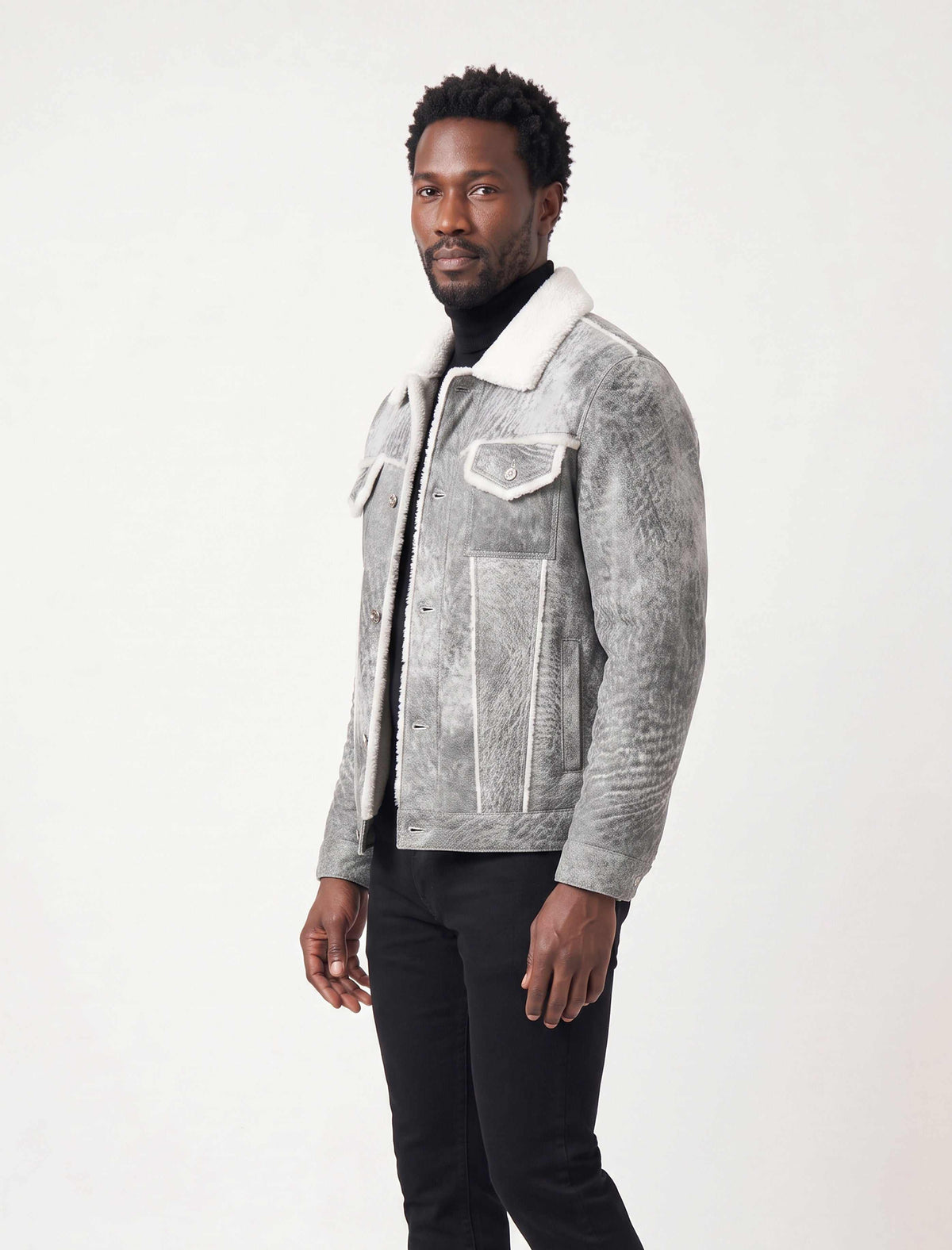 Men's Grey Shearling Leather Trucker Jacket with white wool collar and shearling lining