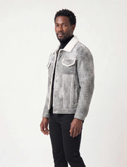 Men's Grey Shearling Leather Trucker Jacket with white wool collar and shearling lining