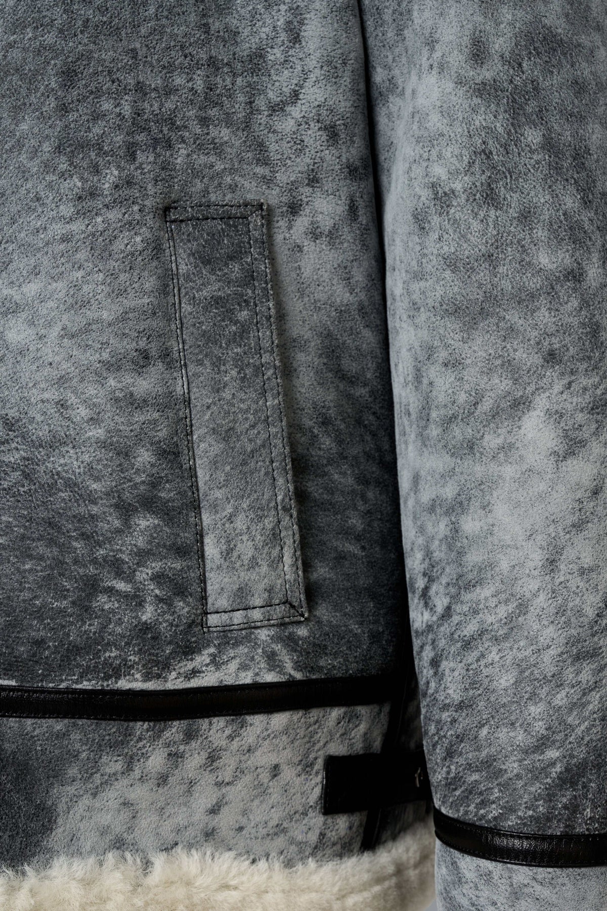 Glacier Grey Merino Shearling Aviator Jacket with shearling collar and black leather trims