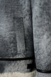 Glacier Grey Merino Shearling Aviator Jacket with shearling collar and black leather trims