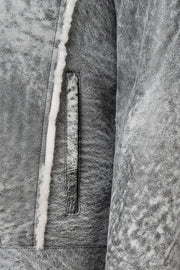 Men's grey shearling leather trucker jacket with white wool collar and premium natural shearling lining
