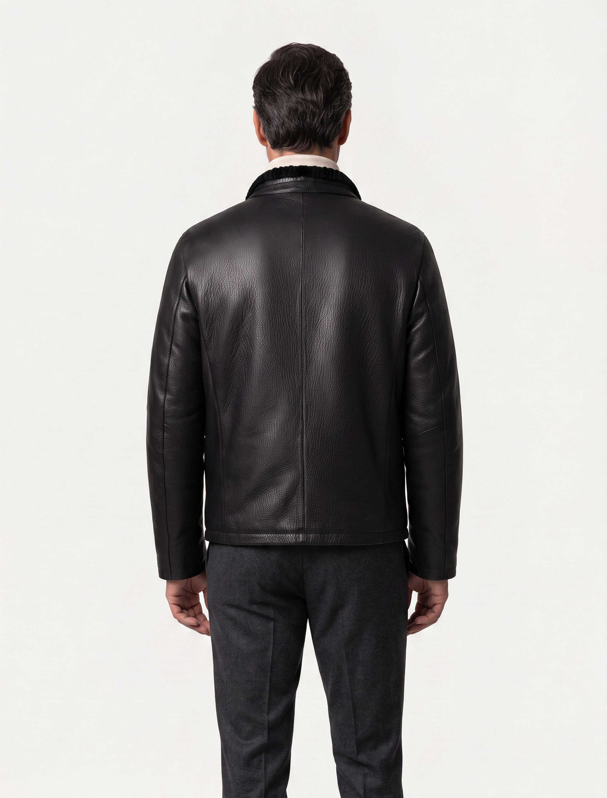Heritage Shearling Leather Jacket in black genuine leather with shearling interior