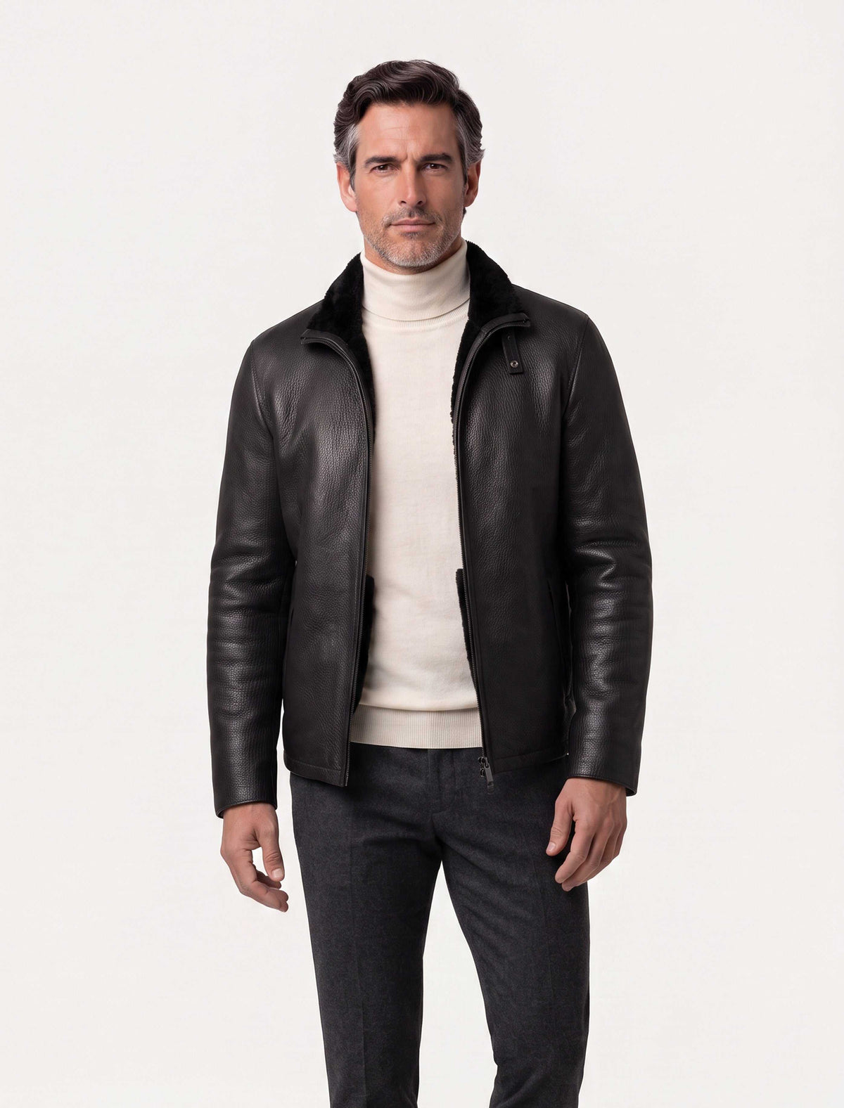 Heritage Shearling Leather Jacket in black genuine leather with luxurious shearling interior