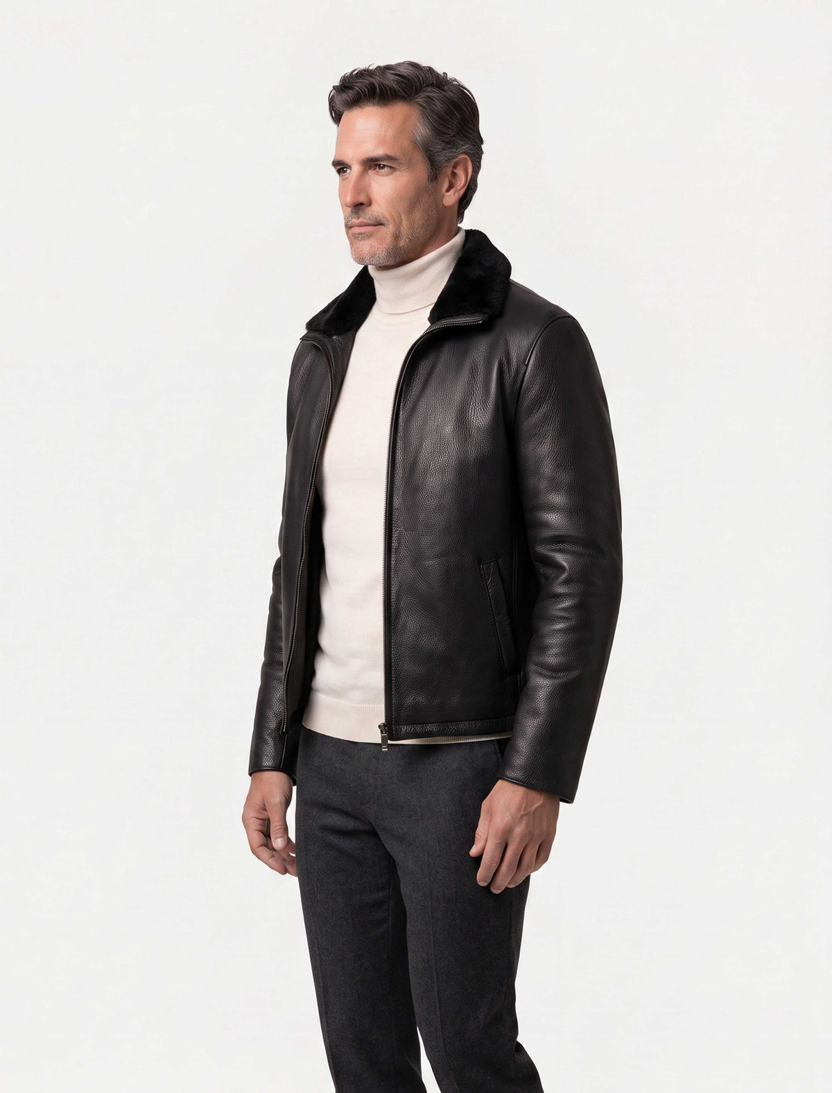 Heritage Shearling Leather Jacket in black with genuine leather and shearling interior