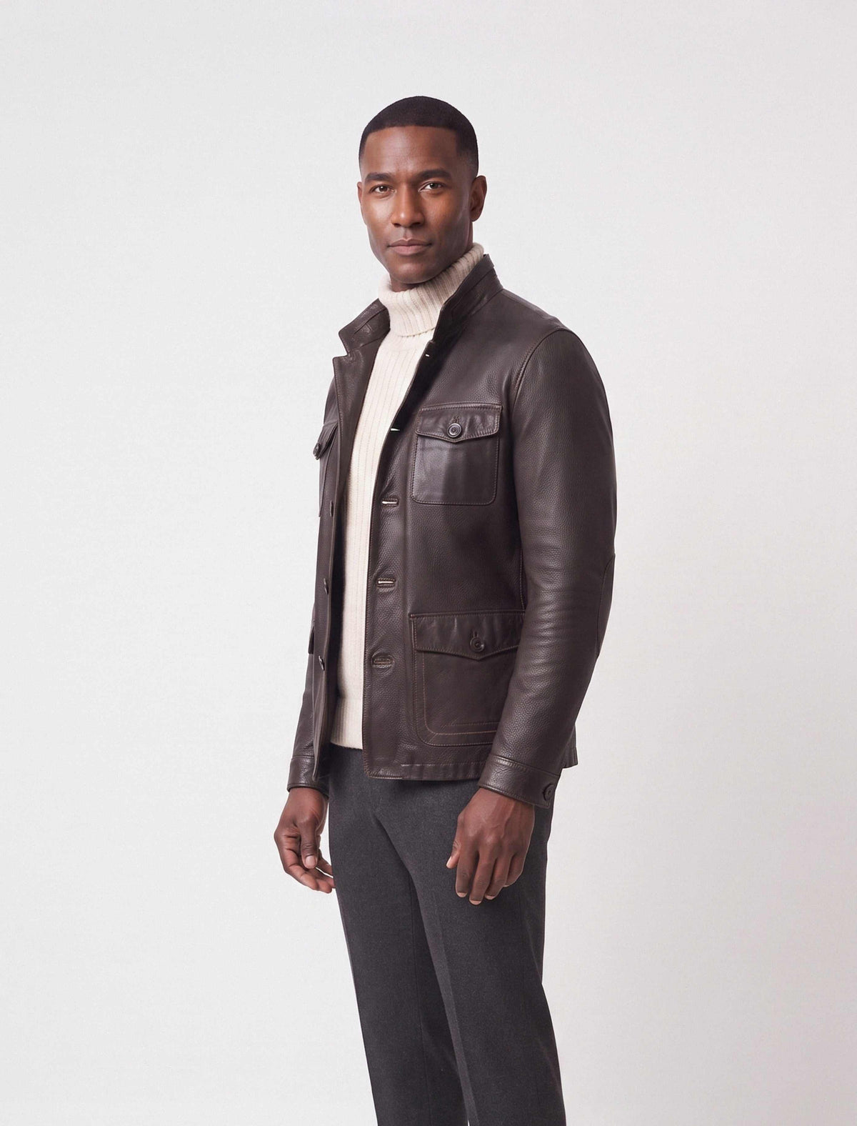 Zalvaro Heritage Stand Collar dark espresso brown leather field jacket with military-inspired design and utility pockets