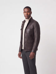 Zalvaro Heritage Stand Collar dark espresso brown leather field jacket with military-inspired design and utility pockets