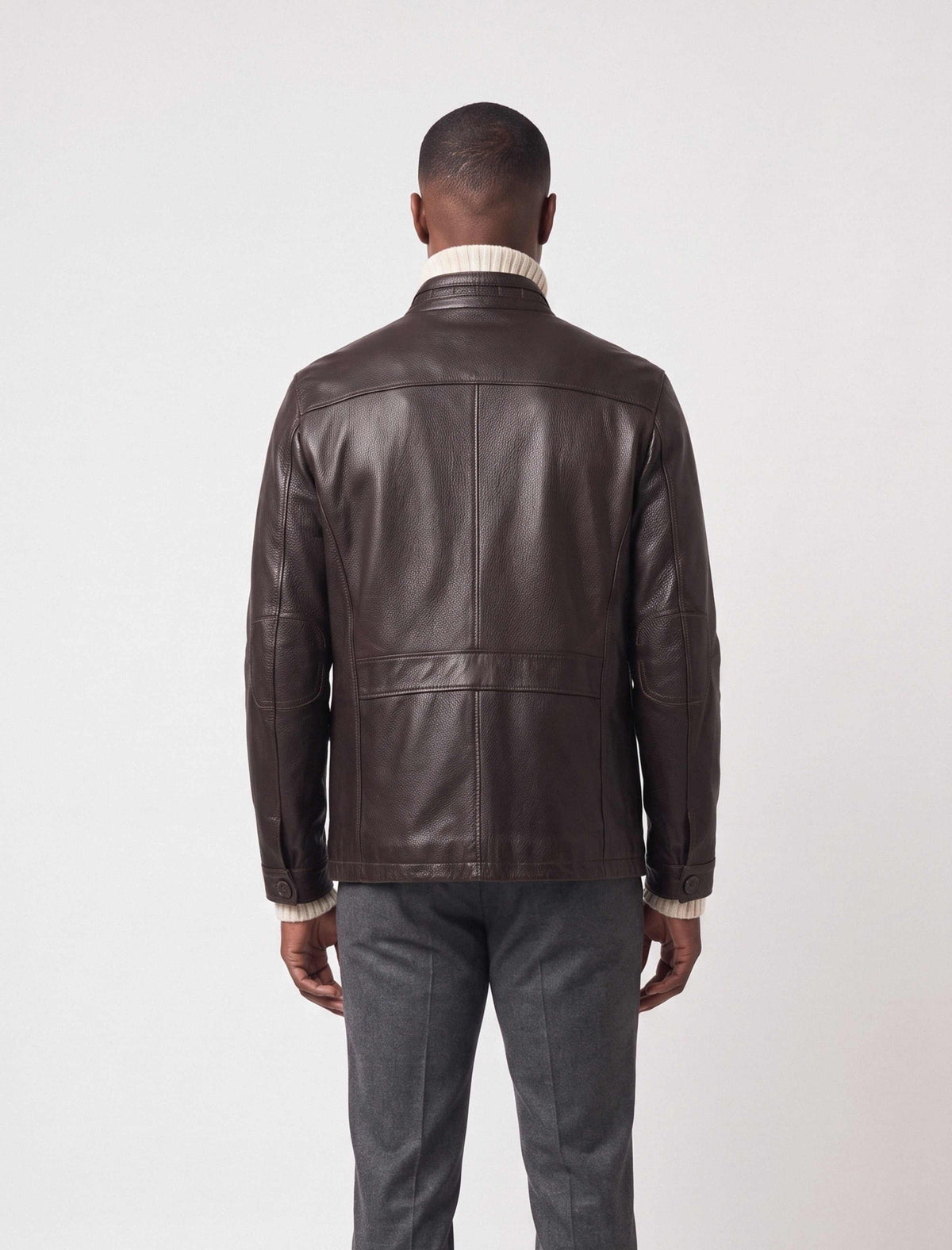Zalvaro Heritage Stand Collar Field Leather Jacket in dark espresso brown with military-inspired design and full-grain leather craftsmanship