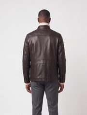 Zalvaro Heritage Stand Collar Field Leather Jacket in dark espresso brown with military-inspired design and full-grain leather craftsmanship