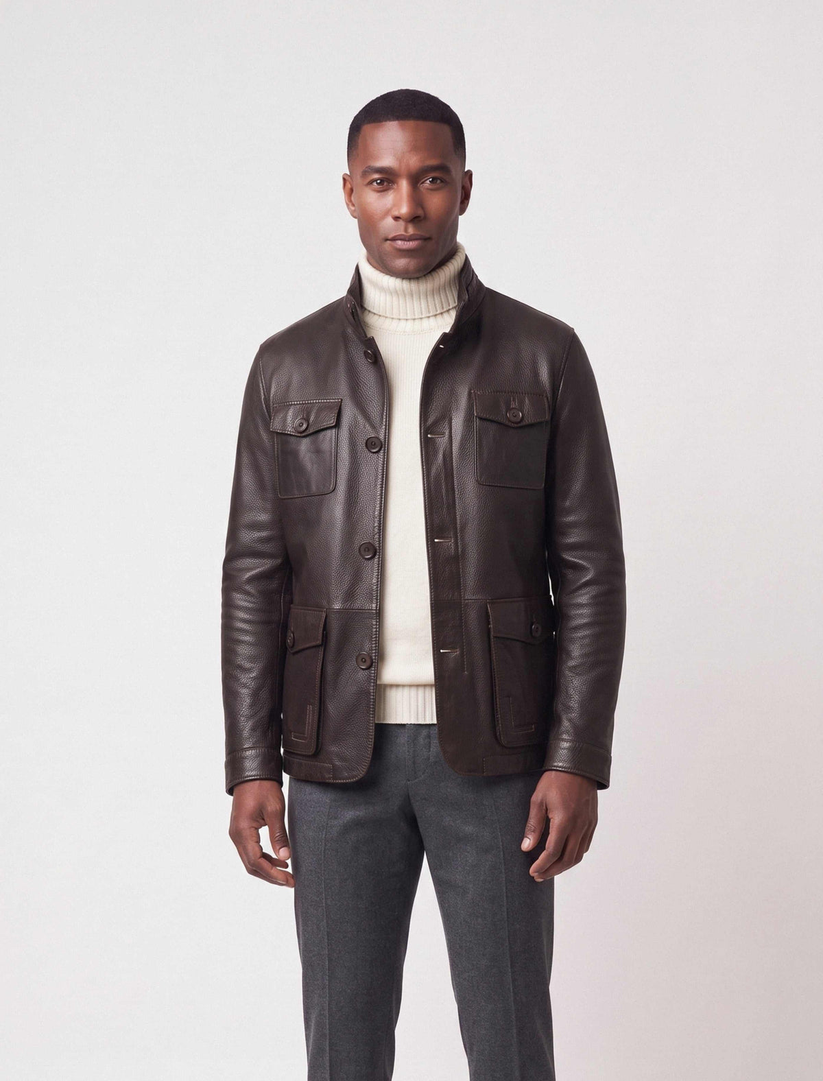 Zalvaro Heritage Stand Collar Field Leather Jacket in dark espresso brown with military-inspired design and full-grain leather craftsmanship