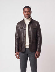Zalvaro Heritage Stand Collar Field Leather Jacket in dark espresso brown with military-inspired design and full-grain leather craftsmanship