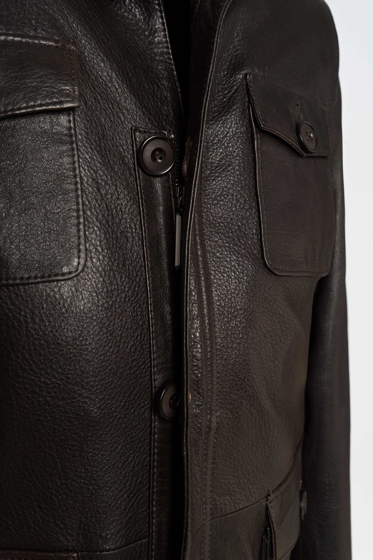 Zalvaro Heritage Stand Collar dark espresso brown leather field jacket with military-inspired design and utility pockets