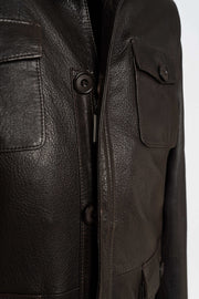 Zalvaro Heritage Stand Collar dark espresso brown leather field jacket with military-inspired design and utility pockets