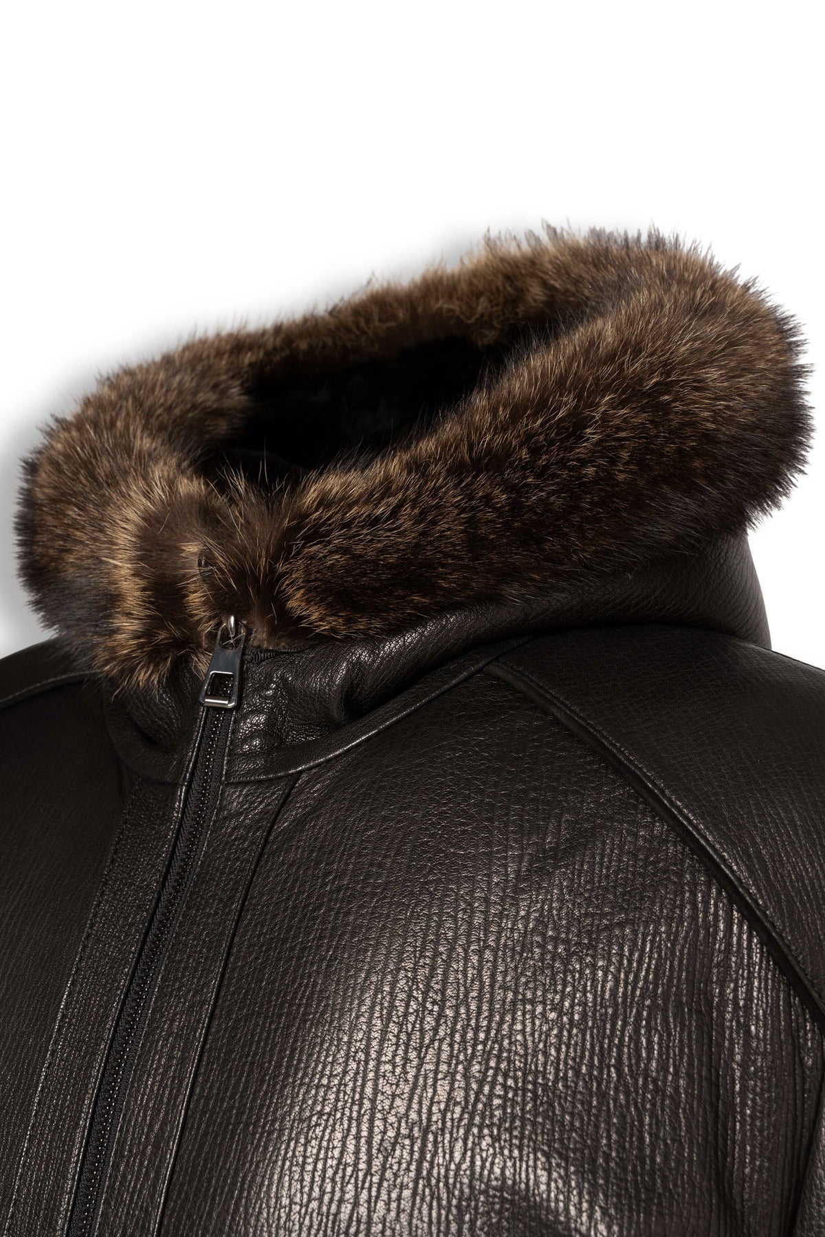 Heritage Hooded Shearling Leather Jacket in black with detachable fur-trim hood and genuine leather
