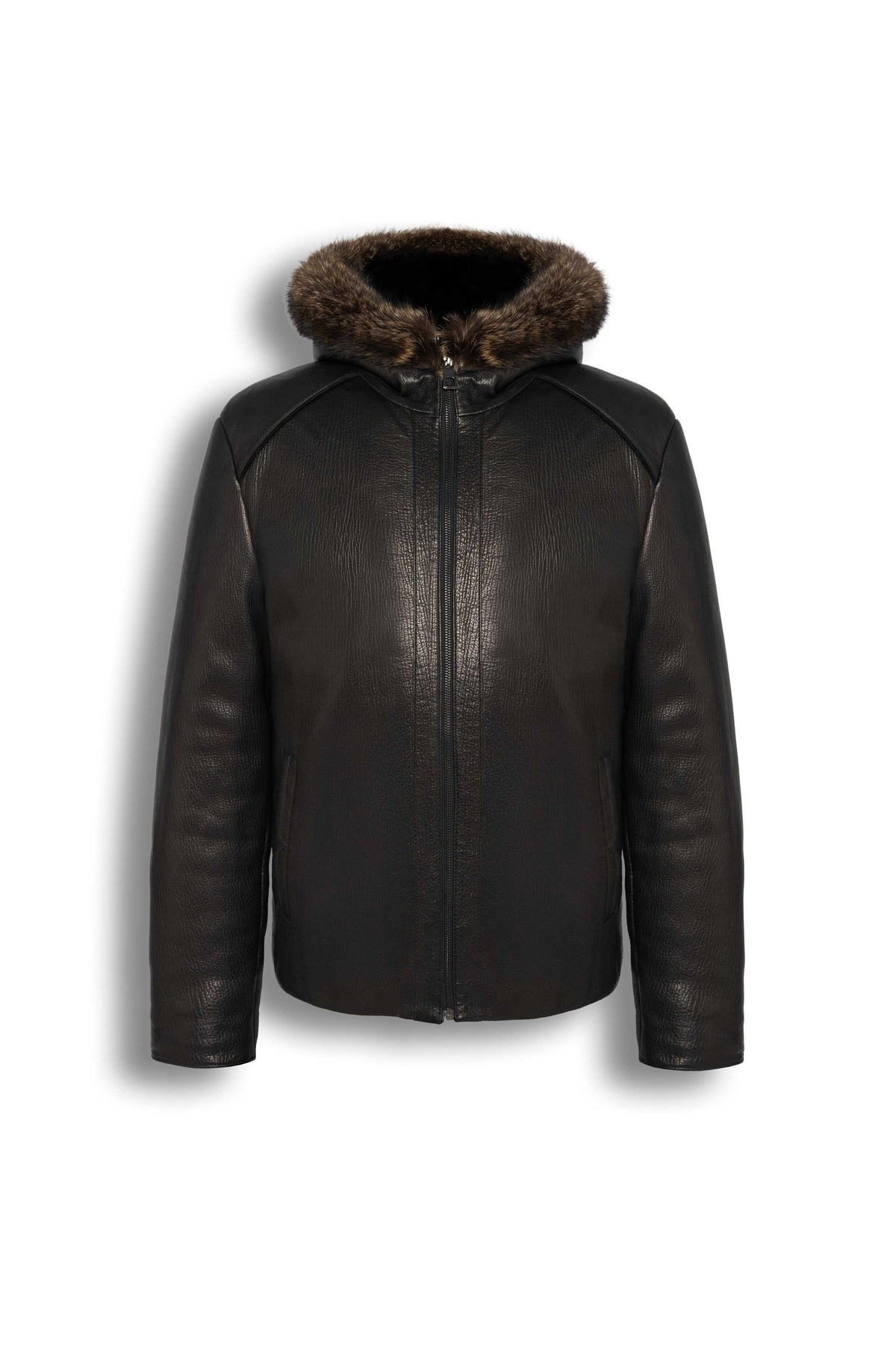 Heritage Hooded Shearling Leather Jacket in black genuine leather with detachable fur-trim hood