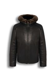 Heritage Hooded Shearling Leather Jacket in black genuine leather with detachable fur-trim hood