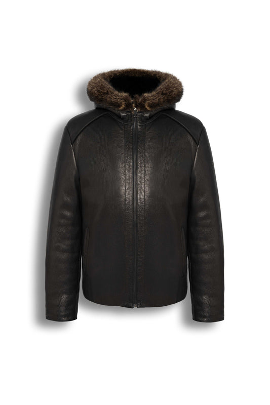 Heritage Hooded Shearling Leather Jacket in black genuine leather with detachable fur-trim hood