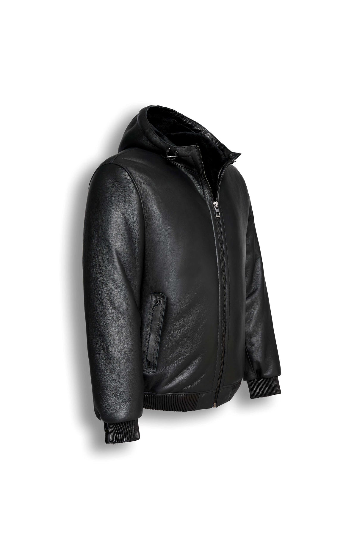 Arctic black hooded shearling leather jacket with minimalist design and integrated leather hood