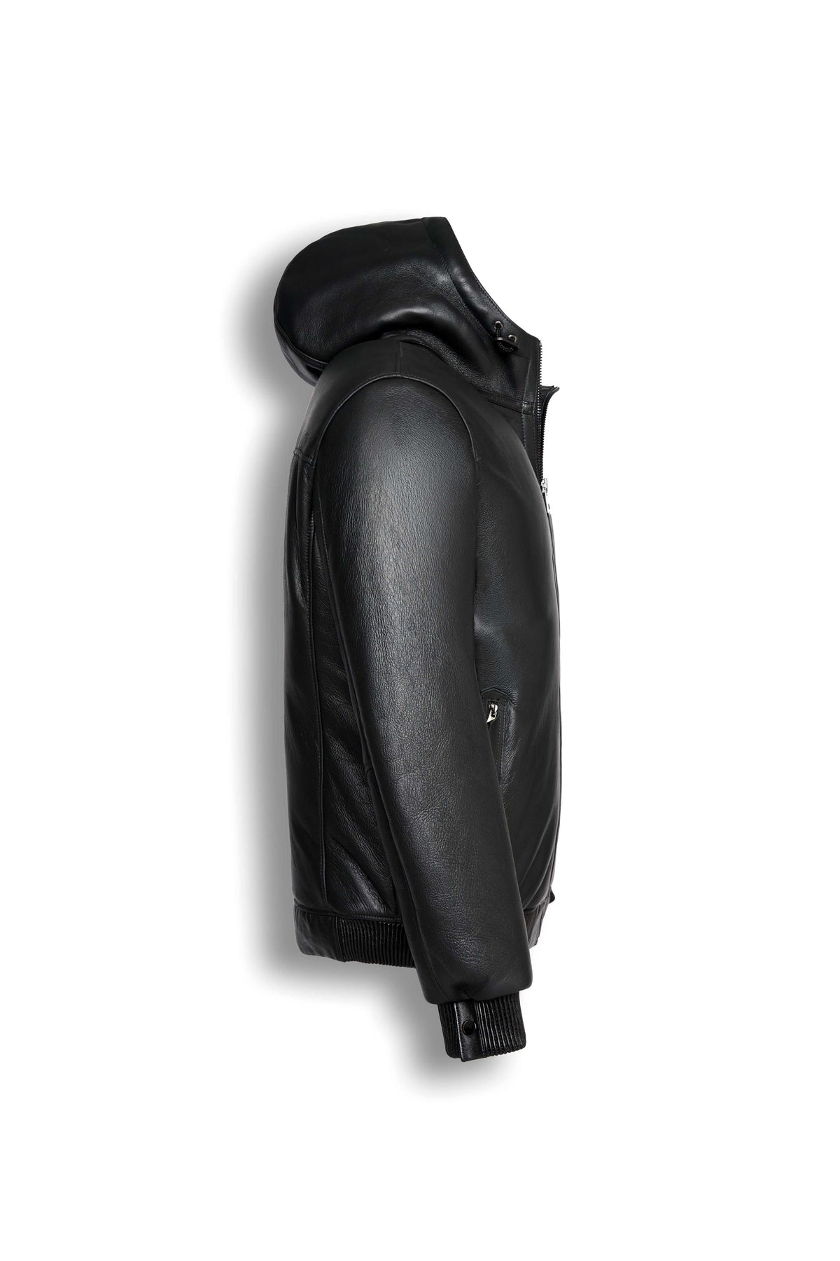 Black hooded Arctic shearling leather jacket with minimalist design and full sheepskin lining