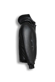 Black hooded Arctic shearling leather jacket with minimalist design and full sheepskin lining