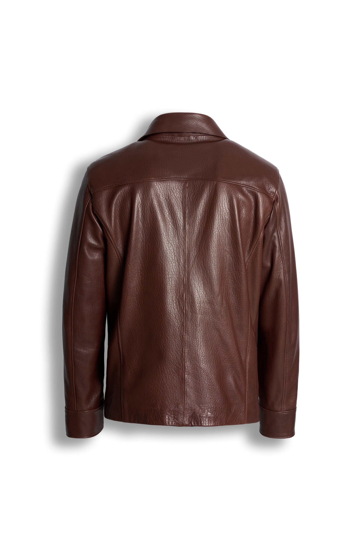 Men's Hudson Leather Overshirt in rich brown full-grain leather with chest and hand pockets, tailored fit