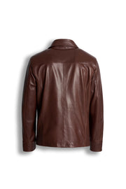 Men's Hudson Leather Overshirt in rich brown full-grain leather with chest and hand pockets, tailored fit