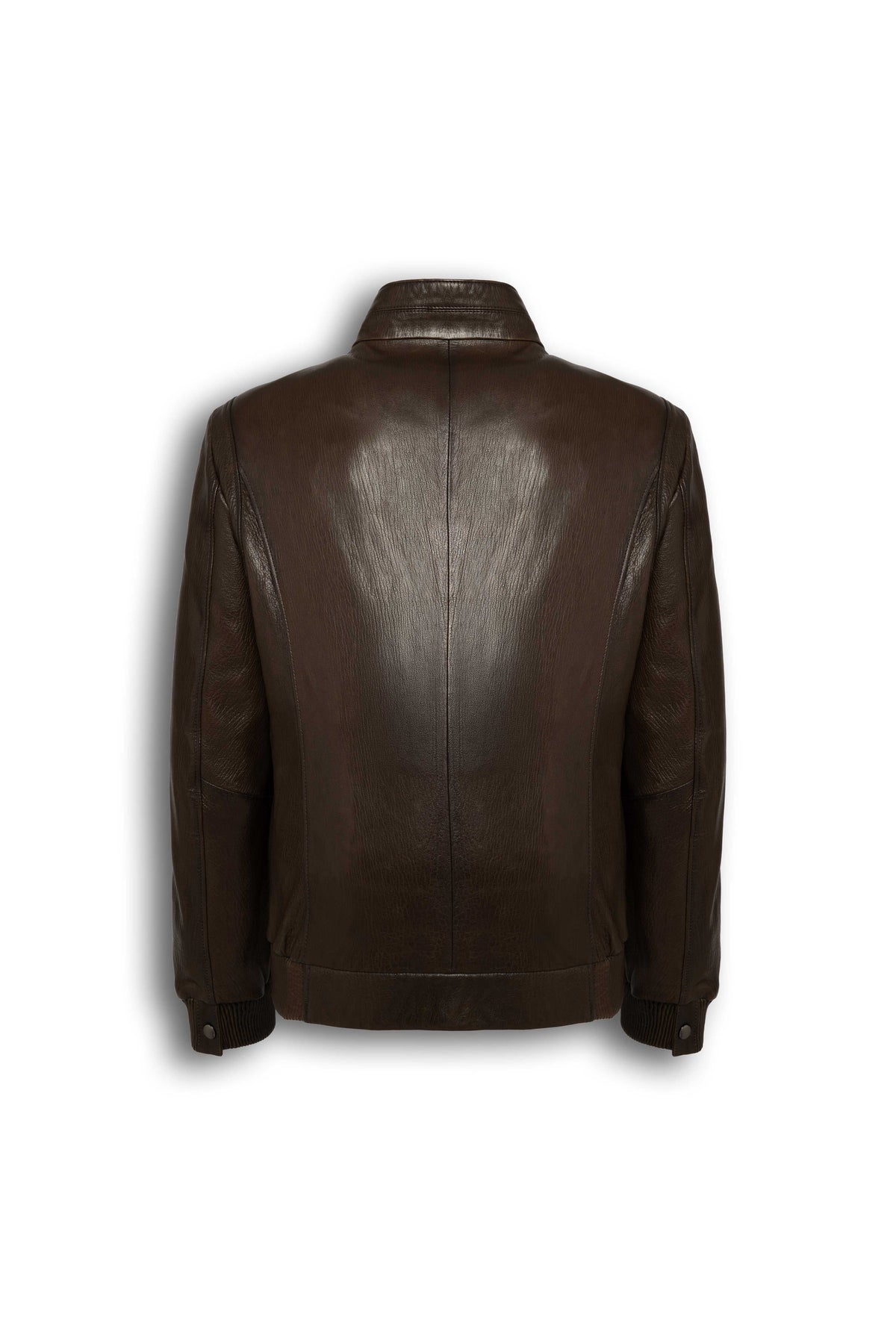 Hudson Dark Brown Leather Bomber Jacket in lambskin with rib-knit cuffs and stand collar
